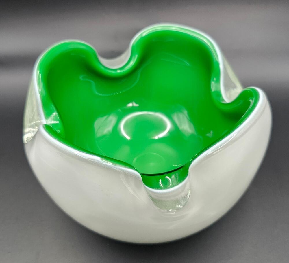 MCM Murano Cased Glass Bowl Green White Vintage Italian Art Glass Barbini Style